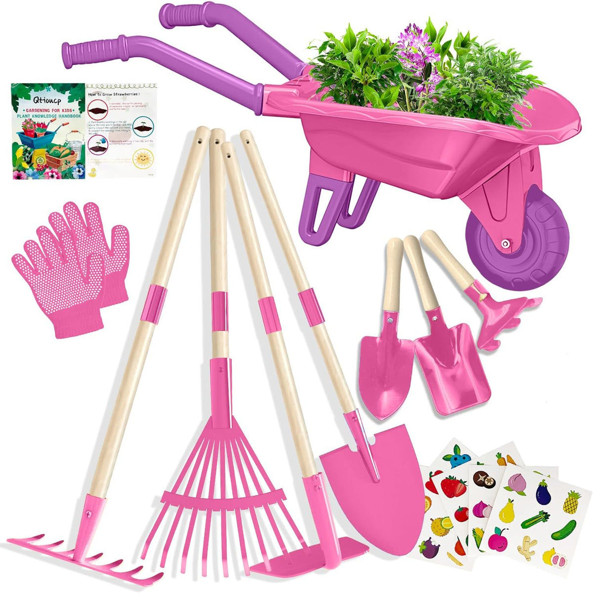 Qtioucp Kids Gardening Set with Wheelbarrow - Rose Red