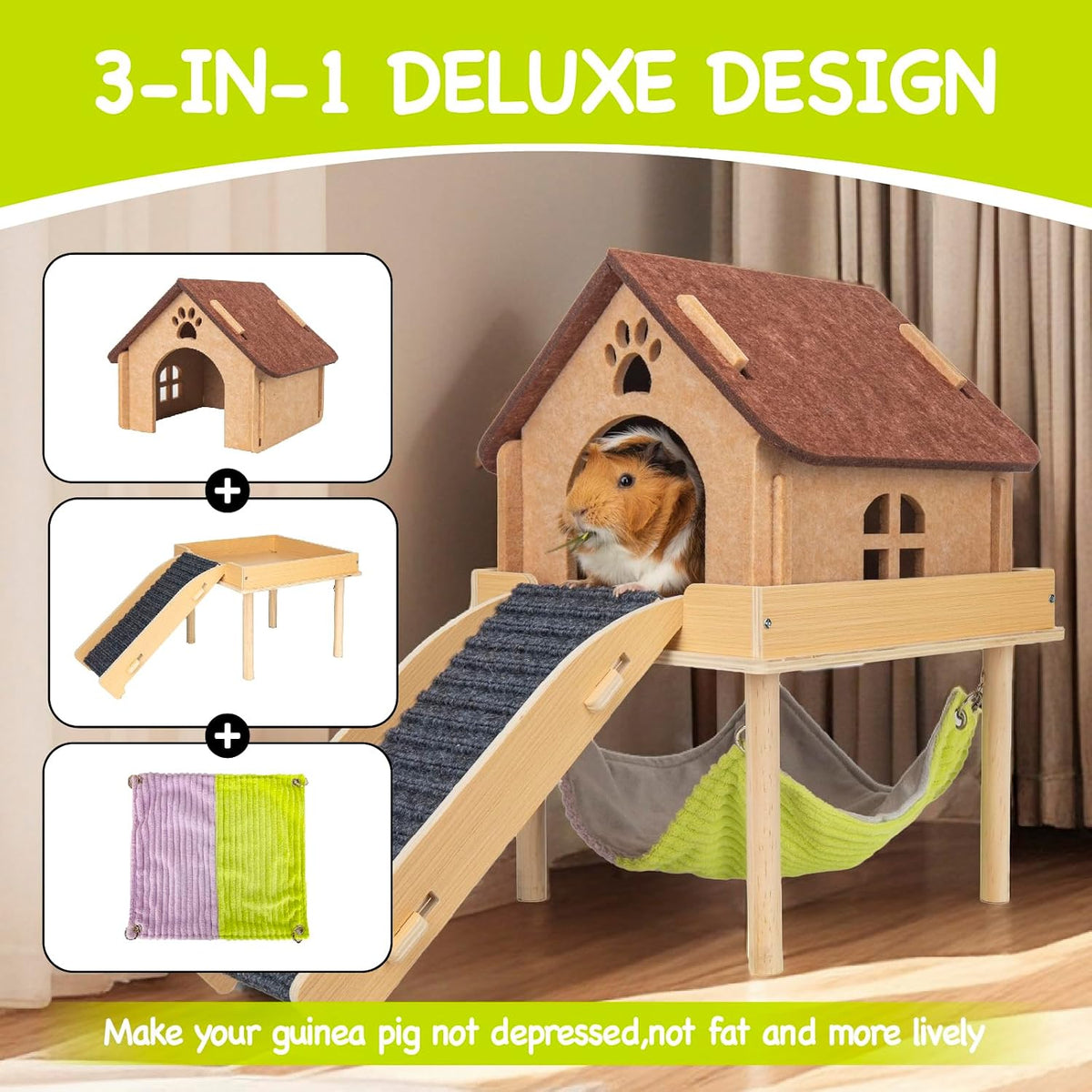 3 in 1 Enlarged Guinea Pig Hammock - Brown Roof - image 2