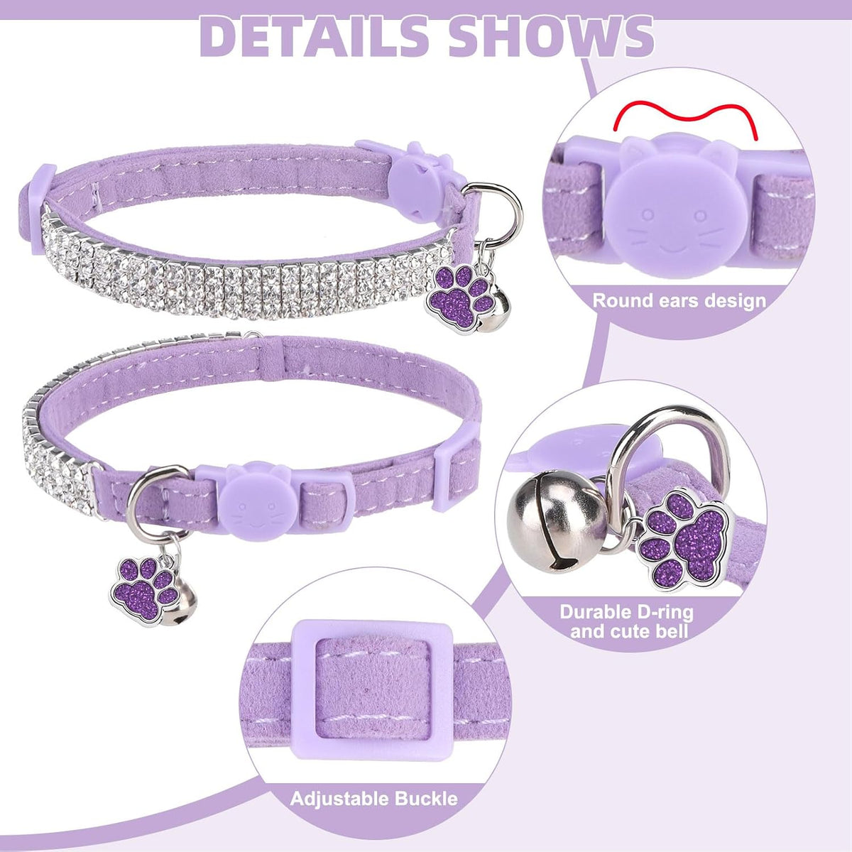 2 Pack Soft Velvet Safe Bling Diamond Cat Collars with Bells – Essentials for Cats - Purple / 7"-9" For Cats - image 3