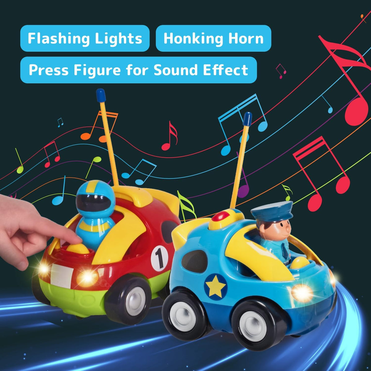 PREXTEX 2 Pack Cartoon Remote Control Cars for Toddlers - Race Car/Police Car - image 4