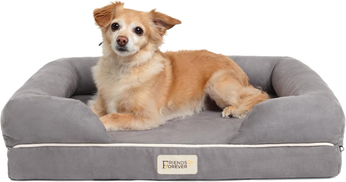 Friends Forever Large Dog Bed Couch - Memory Foam Dog Bed / Chester Grey / 25.0"L x 20"W x 5.5"Th