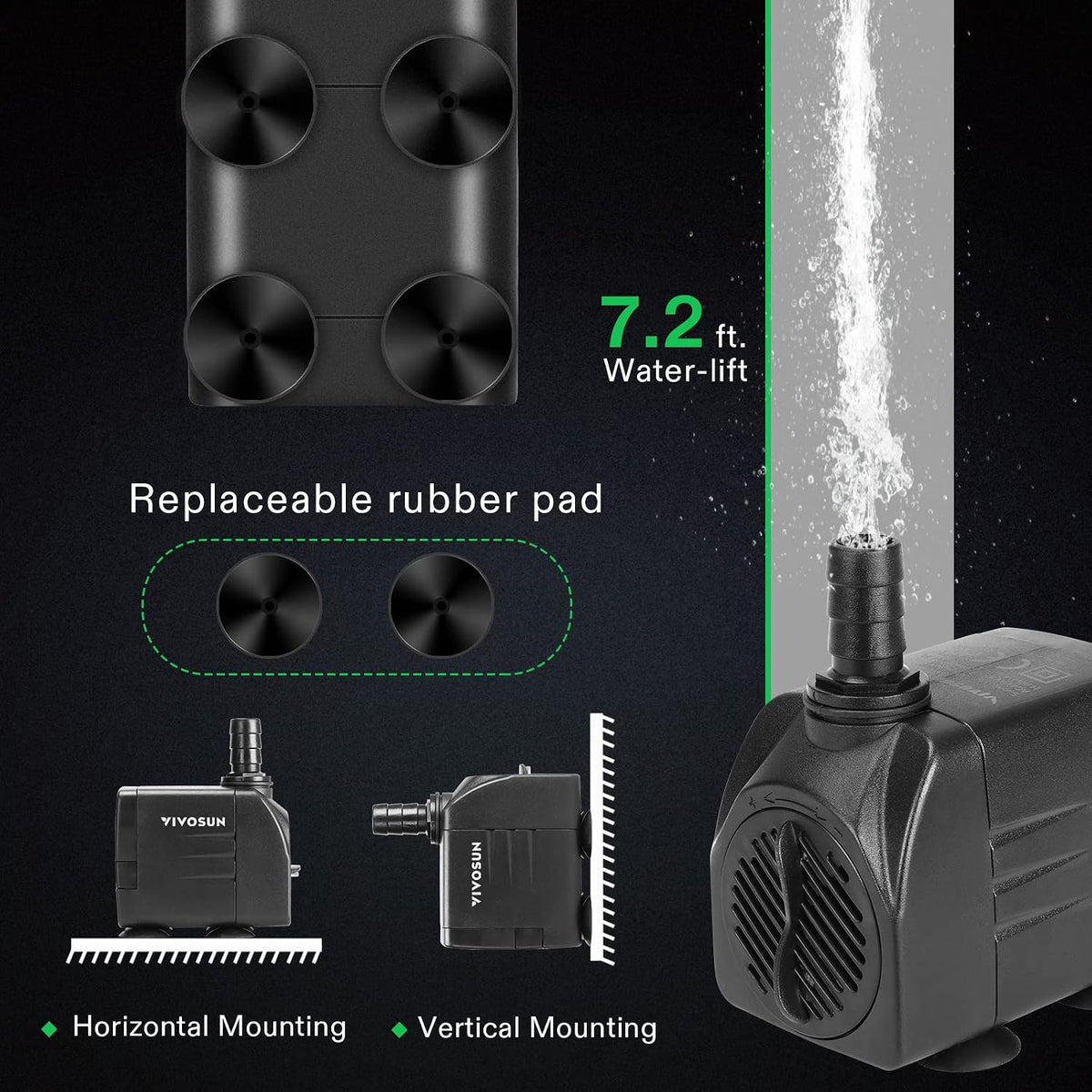 VIVOSUN 480GPH submersible water pump with adjustable flow valve and suction cups - view 3