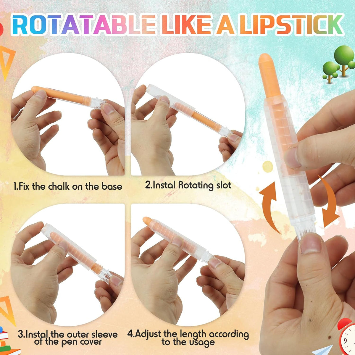 Haoyond dustless chalk for kids in 6 colors with twist-up chalk holders - view 4
