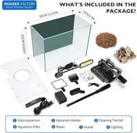 Small Aquarium Starter Kit, 2.6 Gallon Glass Betta Fish Tank with Heater Self Cleaning System Efficiency Filter Bright Light Rocks Gravel Cleaning Tool Set, Leak-Proof Ultra-Clear Rimless Desktop Tank