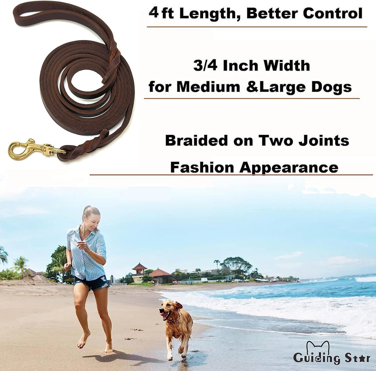 Guiding Star Leather Dog Leash 6ft x 3/4 inch Heavy Duty Training - Brown / 4ft x 3/4 inch - image 2