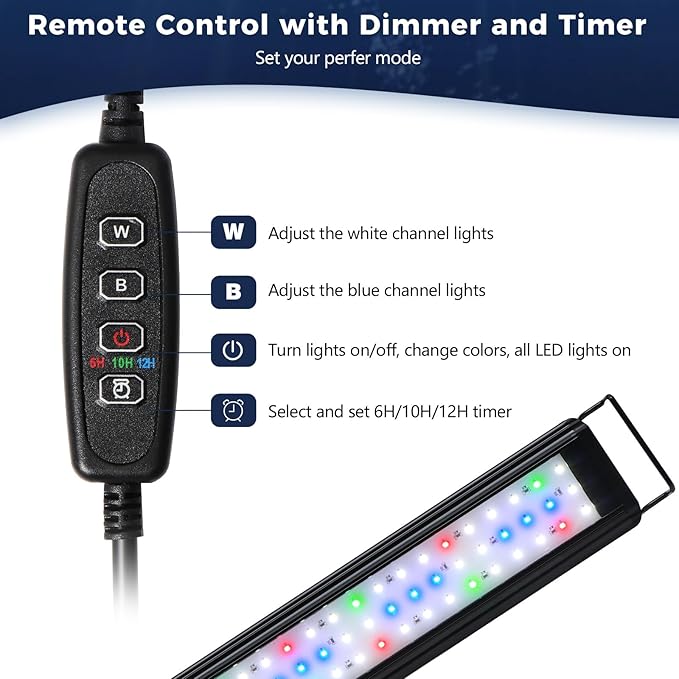 Tatub 11W LED Aquarium Light for 18"-24" Fish Tank, Full Spectrum Fish Tank Light with White Blue Red Green LEDs, 10 Levels of Brightness，Timer Auto On/Off
