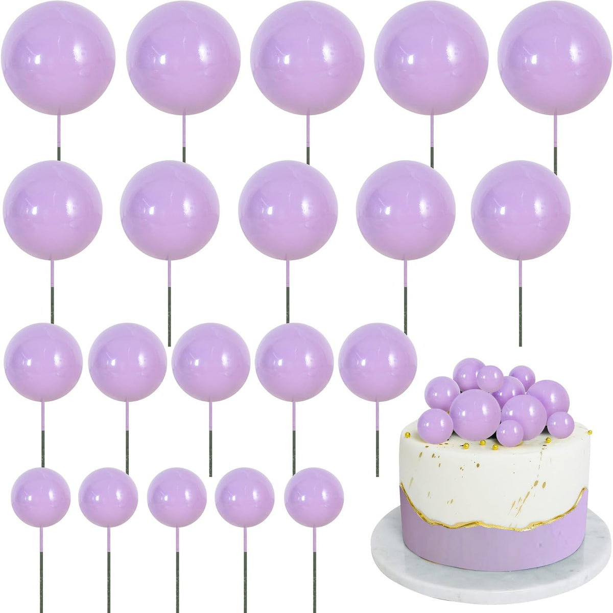 BEISHIDA 20 PCS Gold Mini Ball Cake Toppers Foam Cake Balls - Ball-lavender
