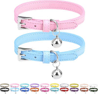 PUPTECK 2 PCS Soft Genuine Leather Cat Kitten Collar with Bells - Pink&Blue