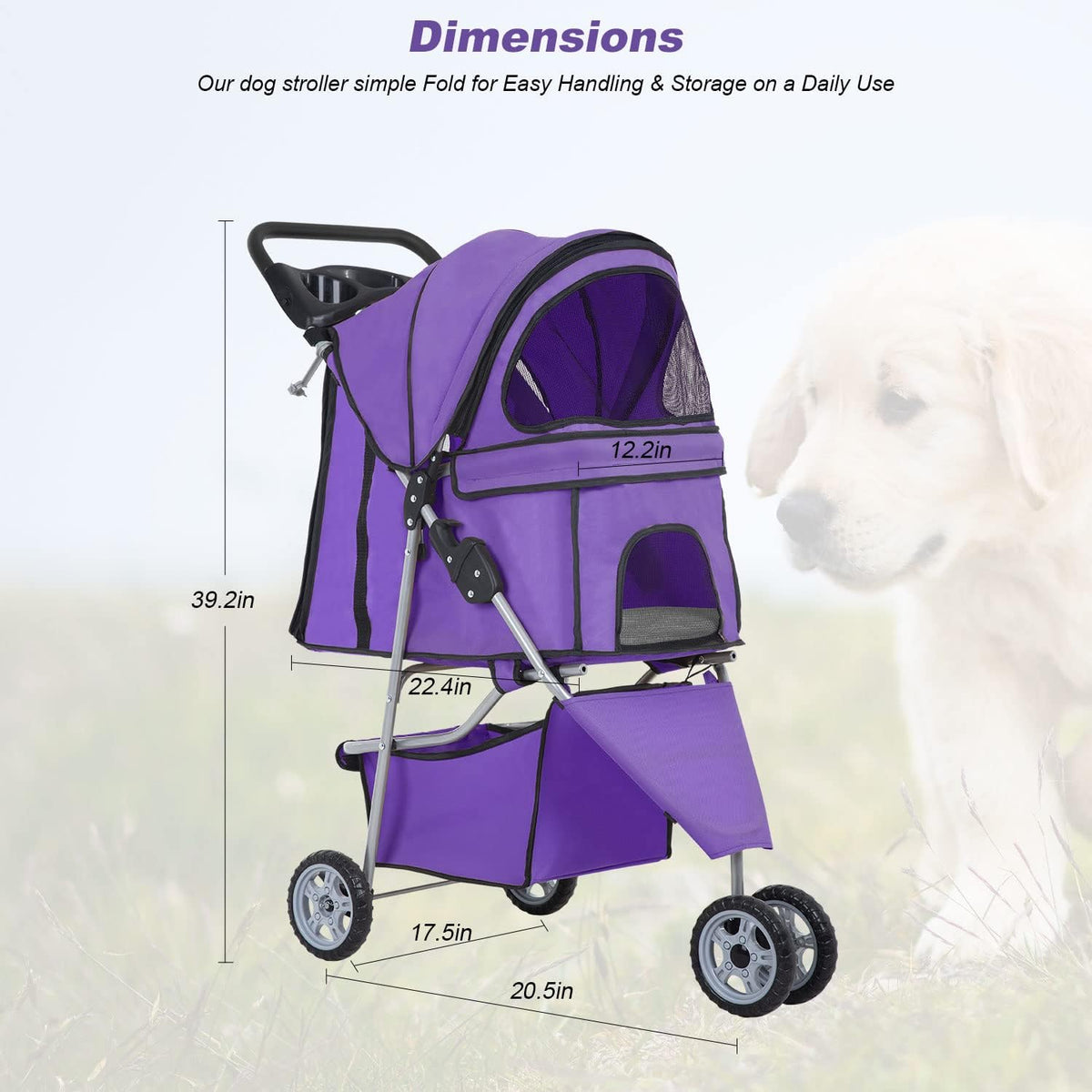 BestPet, 4-Wheel Foldable Pet Stroller, Lightweight & Portable - Purple / 3 Wheels - image 3