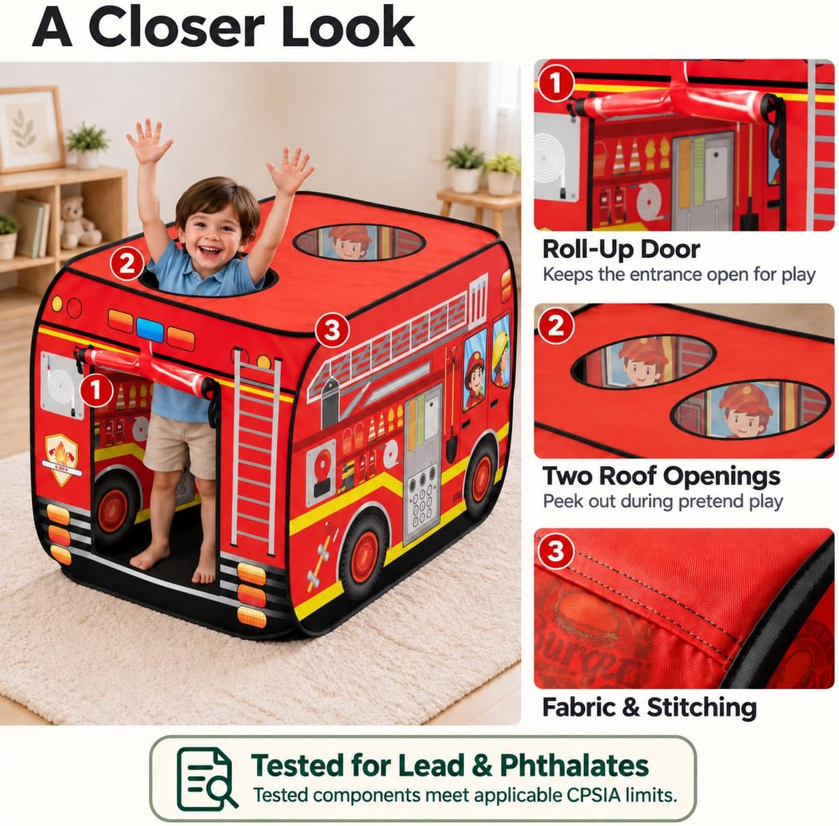 Cecailin fire truck pop up play tent for kids with roll-up door in red - view 20