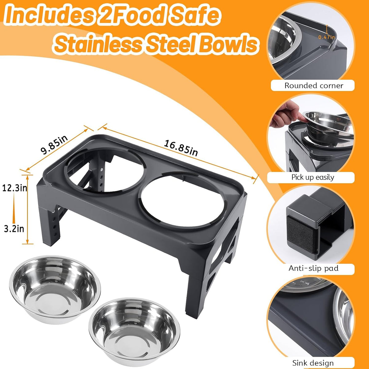 Hubulk Elevated Dog Bowls with 2 Stainless Steel Dog Food & Water - M (8" for M/L Dogs) / Grey - image 4