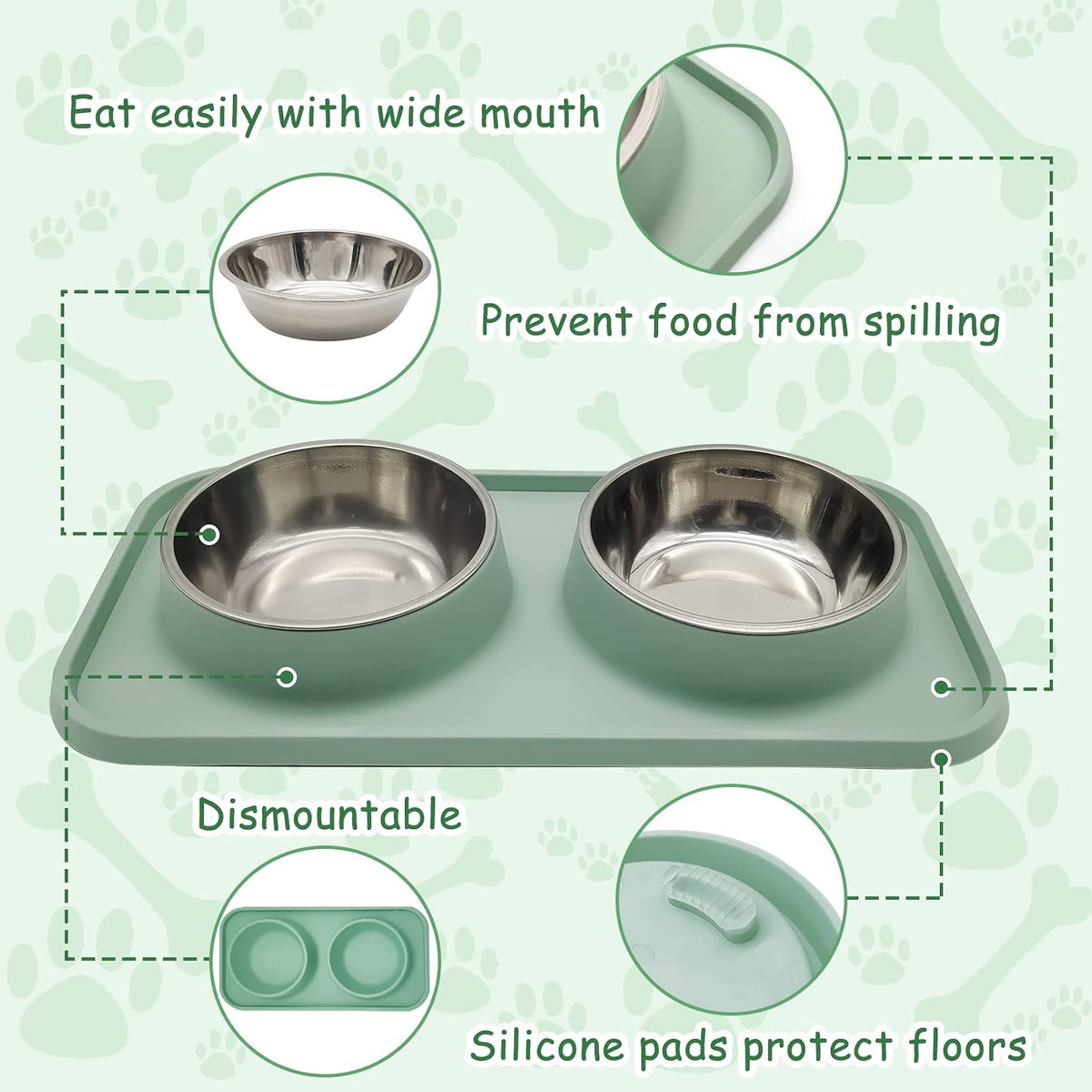 BNOSDM Double Dog Food Bowls Stainless Steel Dog Food and Water Bowls - Green【Set of 2】 - image 2