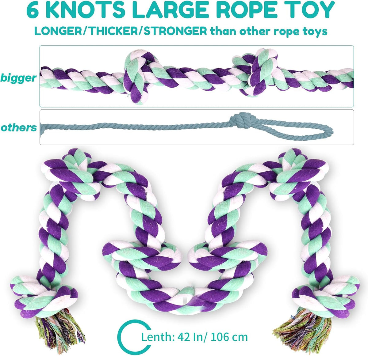 loncoldy Dog Rope Toy 42In 6 Knots Indestructible Natural Cotton - image 2