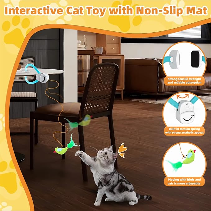 Interactive Cat Toys for Indoor Cats Automatic Electric Flying Bird Feather Wand Toy - Best Kitten & Adult Cat Enrichment Stimulation Toy Hanging Electric Kitty Toys for Bored Cats（Blue White）