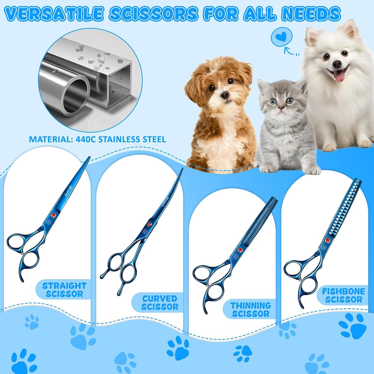 Professional Dog Grooming Scissors Set - 7 Inch (Pack of 5) / Blue - image 3