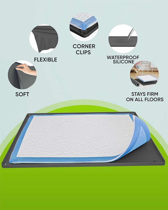 TidyFriend Puppy Pad Holder Tray Fits for 11.5” x 17” Pee Pads with Corner Lock Holes, Raised Edges, Non-Spill, Easy to Clean Silicone Puppy Potty Tray Holder, for Indoor Floor Protection (Grey)