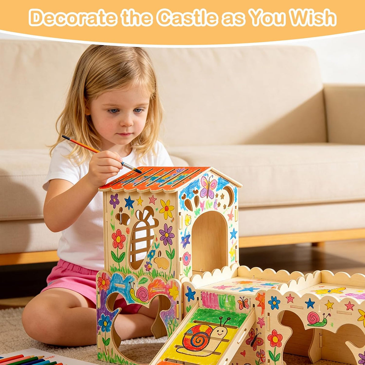 Large Rabbit House, Wooden Bunny Castle with 3 Houses Indoor - 4 Houses with 2 mats - image 2