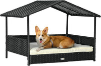 PawHut Wicker Dog House Outdoor with Canopy, Rattan Dog Bed with Water-Resistant Cushion, Raised Dog Bed for Small, Medium Dogs up to 66 lbs, 19.75" in Length, Black Wicker, White Cushion