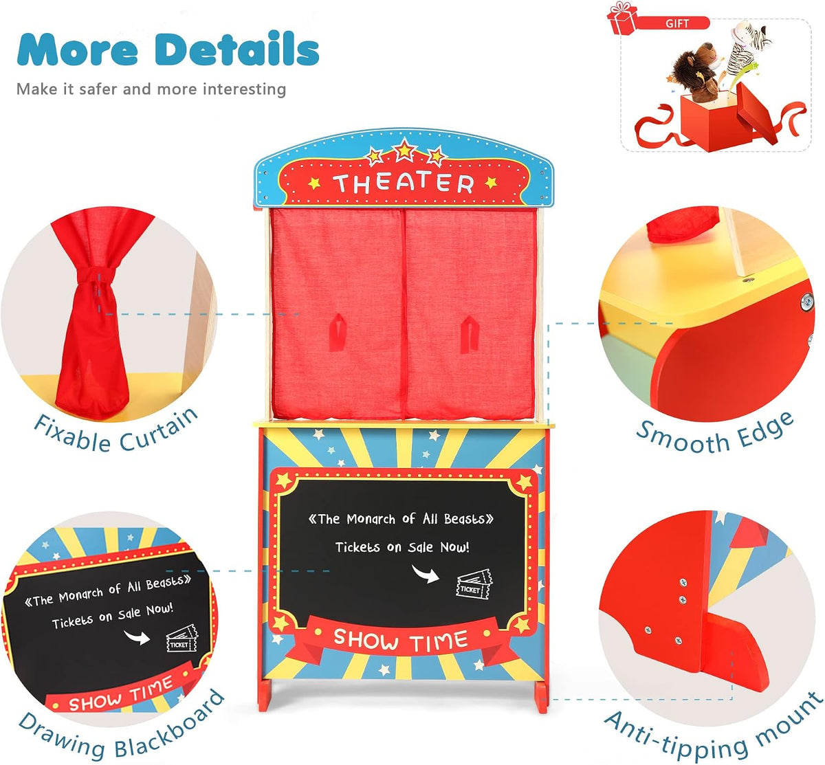 Rundad wooden puppet theater with plush curtains, chalkboard and lion and tiger hand puppets - view 3
