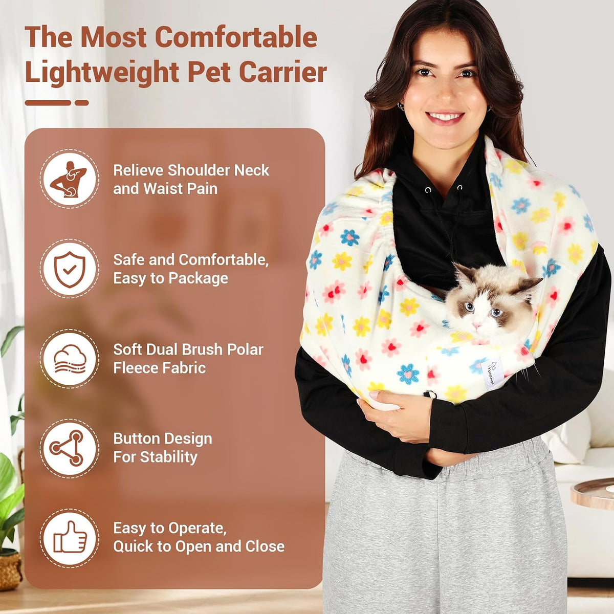 Yunpawpet hands-free cat sling carrier in polar fleece for small dogs and cats - view 2