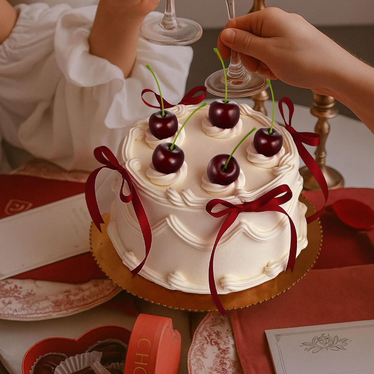 Chunful fake cherry cake toppers with red polyester bows - view 16