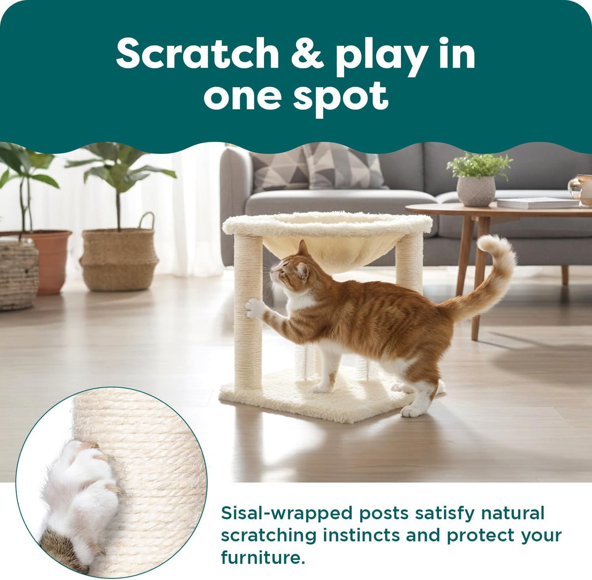 FurHaven 69.3" Tall Cat Scratching Post Tower for Indoor Cats - Cat Tower / Plush Hammock Playground (Cream) - image 4