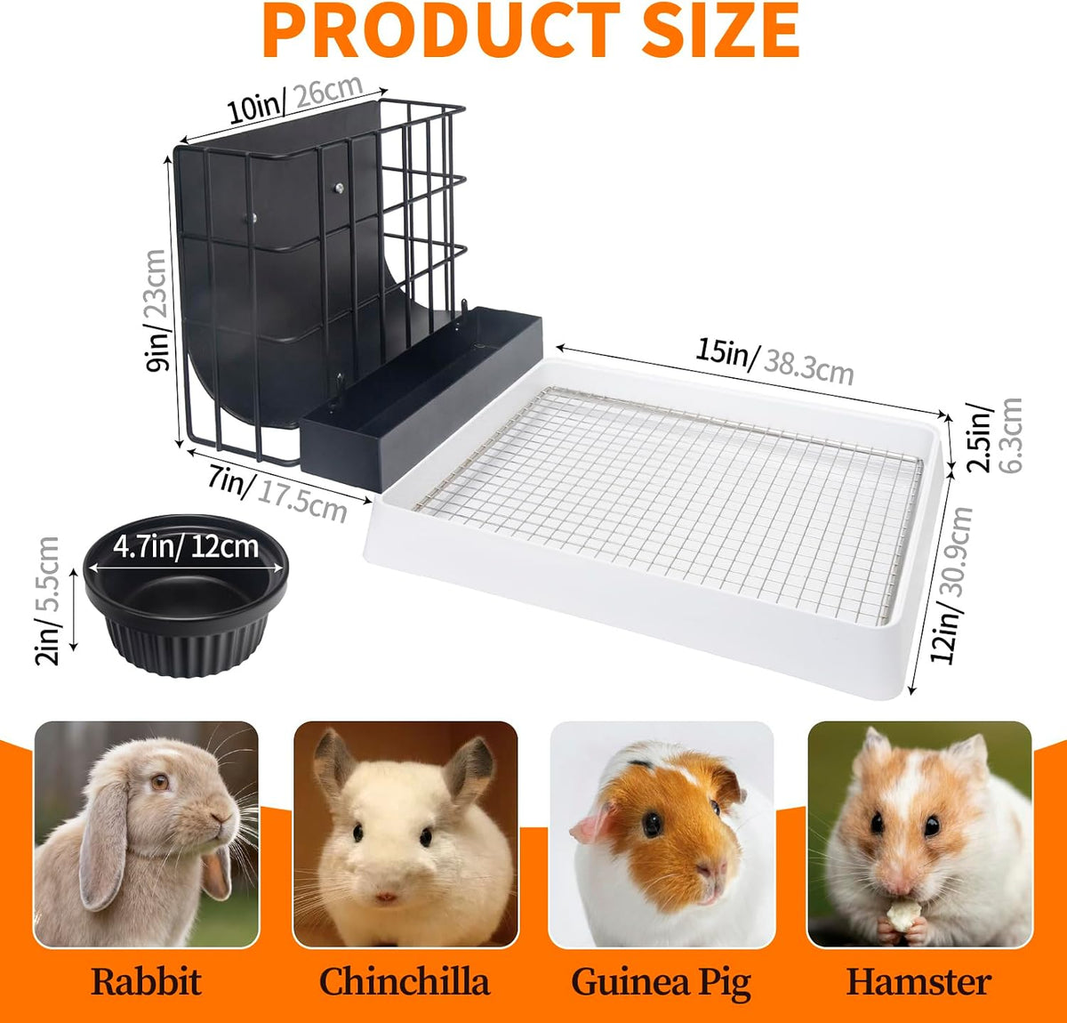 3 in 1 Guinea Pig Hay Feeder with Litter Box & Water Bowl - 10in set / Black - image 4
