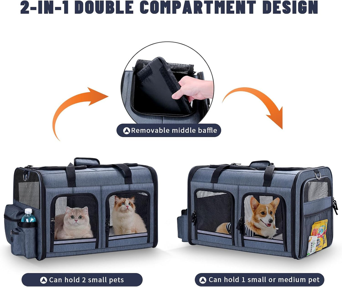 Cat Carrier for 2 Cats,Double Cat and Dual Dog Carrier Cabin for Two Pets – Essentials for Cats - Gray with 2 Pocket - image 2