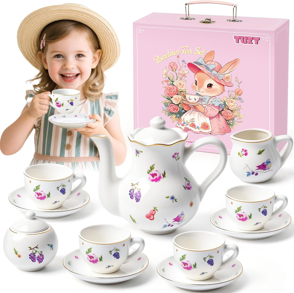 TUZT Tea Party Set for Little Girls Ages 3-8 - White Floral
