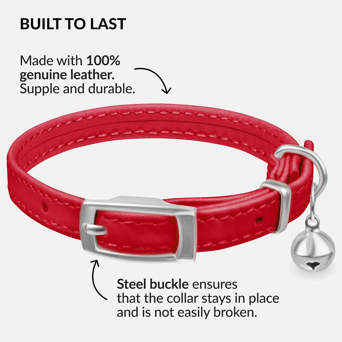 Soft Leather Cat Collar with Safety Elastic Strap - 6-7 Inch / Red - image 2