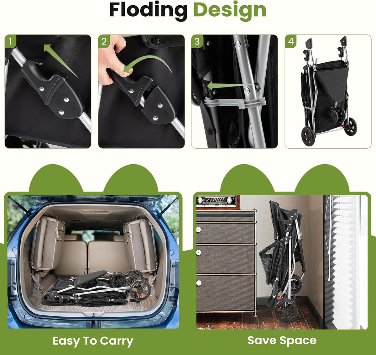 DUMOS 3 Wheels Pet Stroller for Small Dogs and Cats, Foldable – Essentials for Dogs - Black / 29.2"x17.7"x 39.4" - image 3
