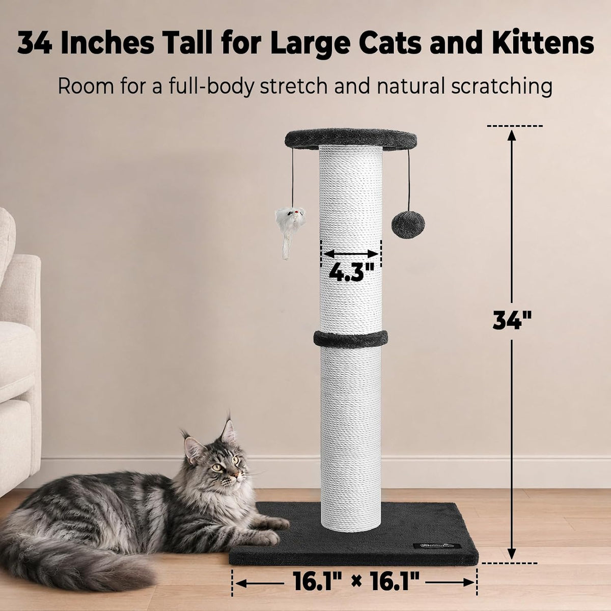 34-Inch Tall Cat Scratching Post for Large Cats, Stable Base - Black - image 2