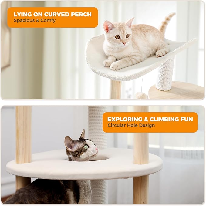 PETEPELA Wood Cat Tree Tower for Indoor Cats,5-Level Cat Climbing Tree Cat Play House with Sisal Scratching Posts Beige