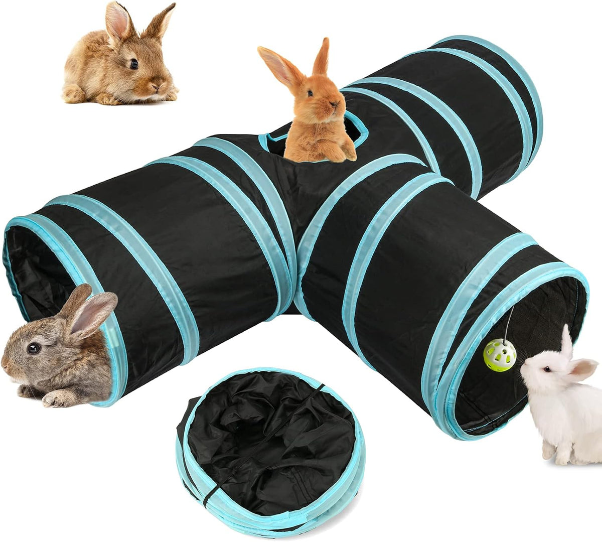 Bunny Tunnels & Tubes, 3-Way Collapsible Rabbit Hideout for Bunnies – Essentials for Small Pets - Grey