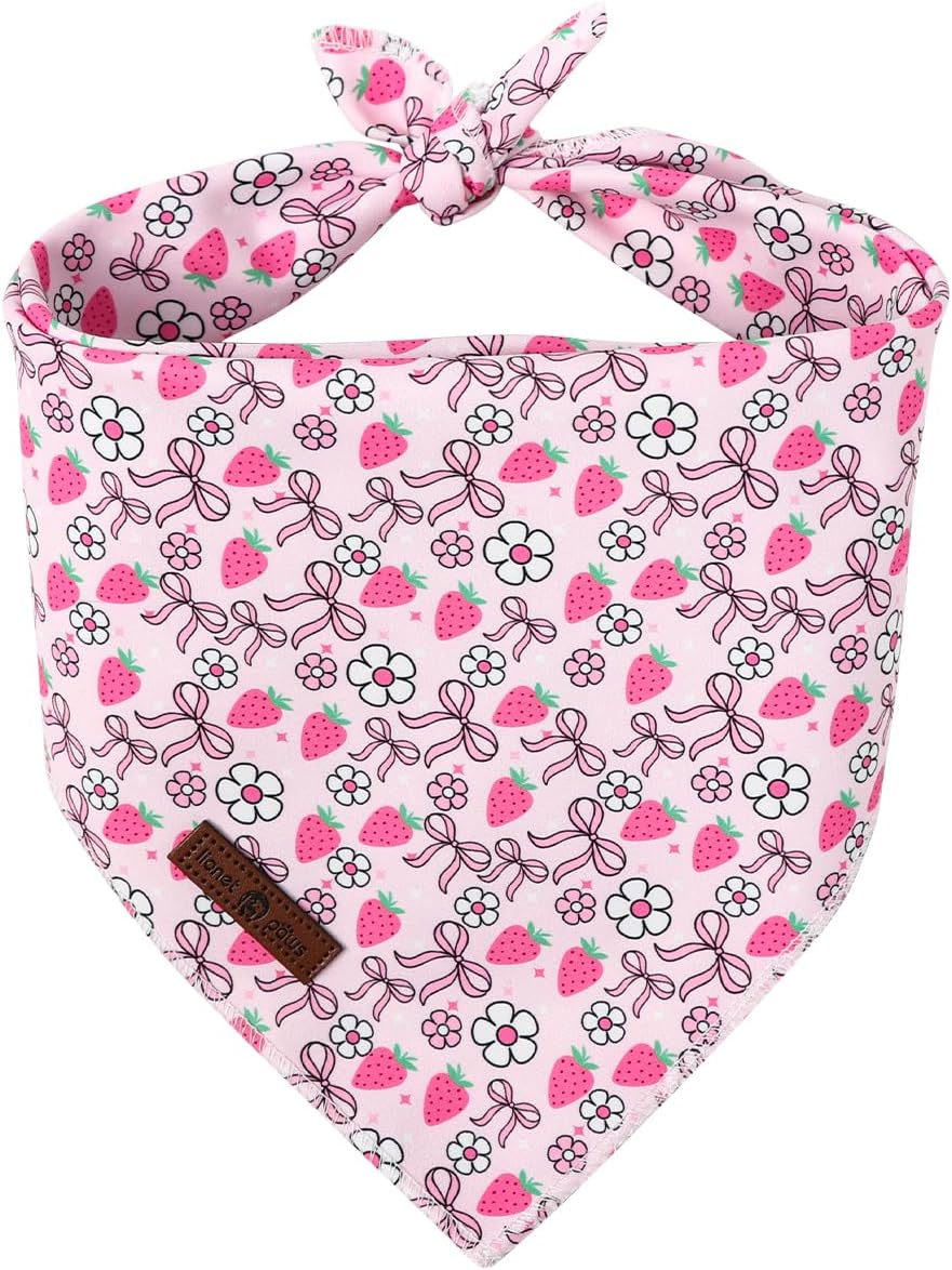 Lionet Paws Spring Daisy Dog Bandana Washable Cotton Handkerchief - Strawberry Bow / Small (Pack of 1)