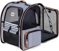 Cat Carrier Backpack, Expandable Pet Carrier with Sun Shade & Full Front Opening, Breathable Mesh - Striped / L-Mesh Window