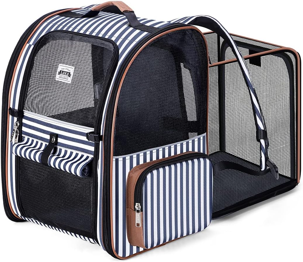 Cat Carrier Backpack, Expandable Pet Carrier with Sun Shade & Full Front Opening, Breathable Mesh - Striped / L-Mesh Window