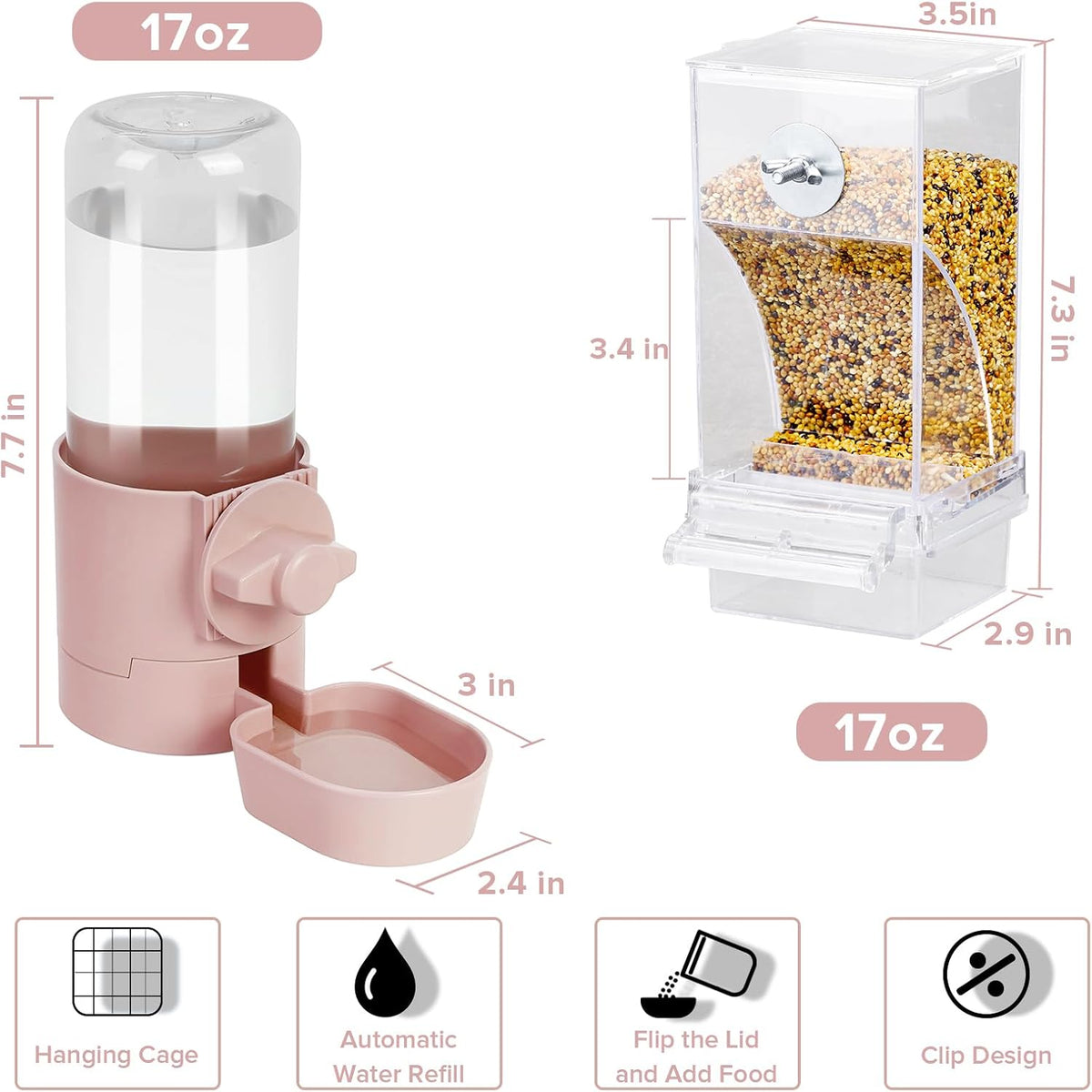 lemtrflo No Mess Bird Feeder Water Dispenser Set - pink - image 2