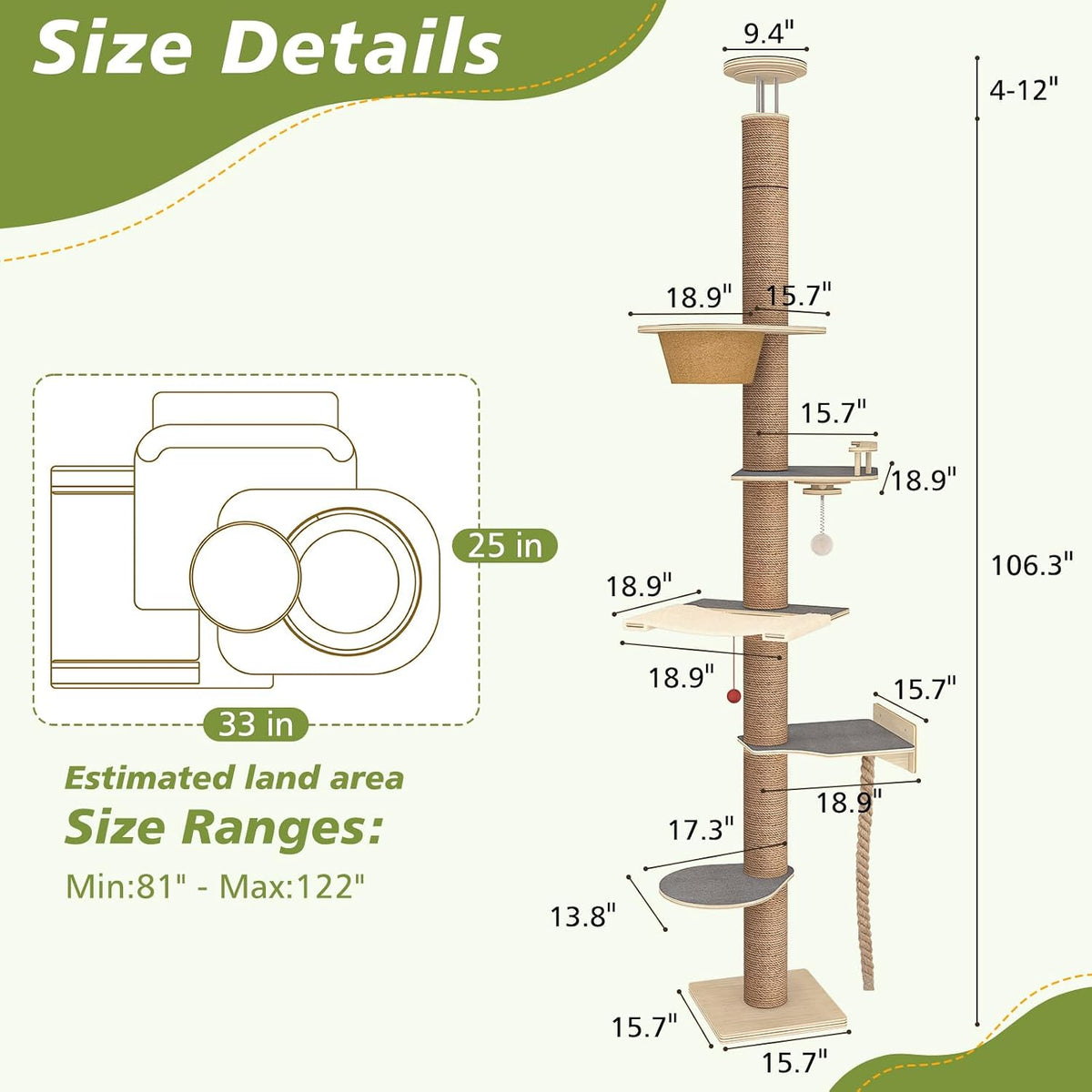 Cat Tree Floor to Ceiling, Cat Tower with Hammock & Perch - image 2