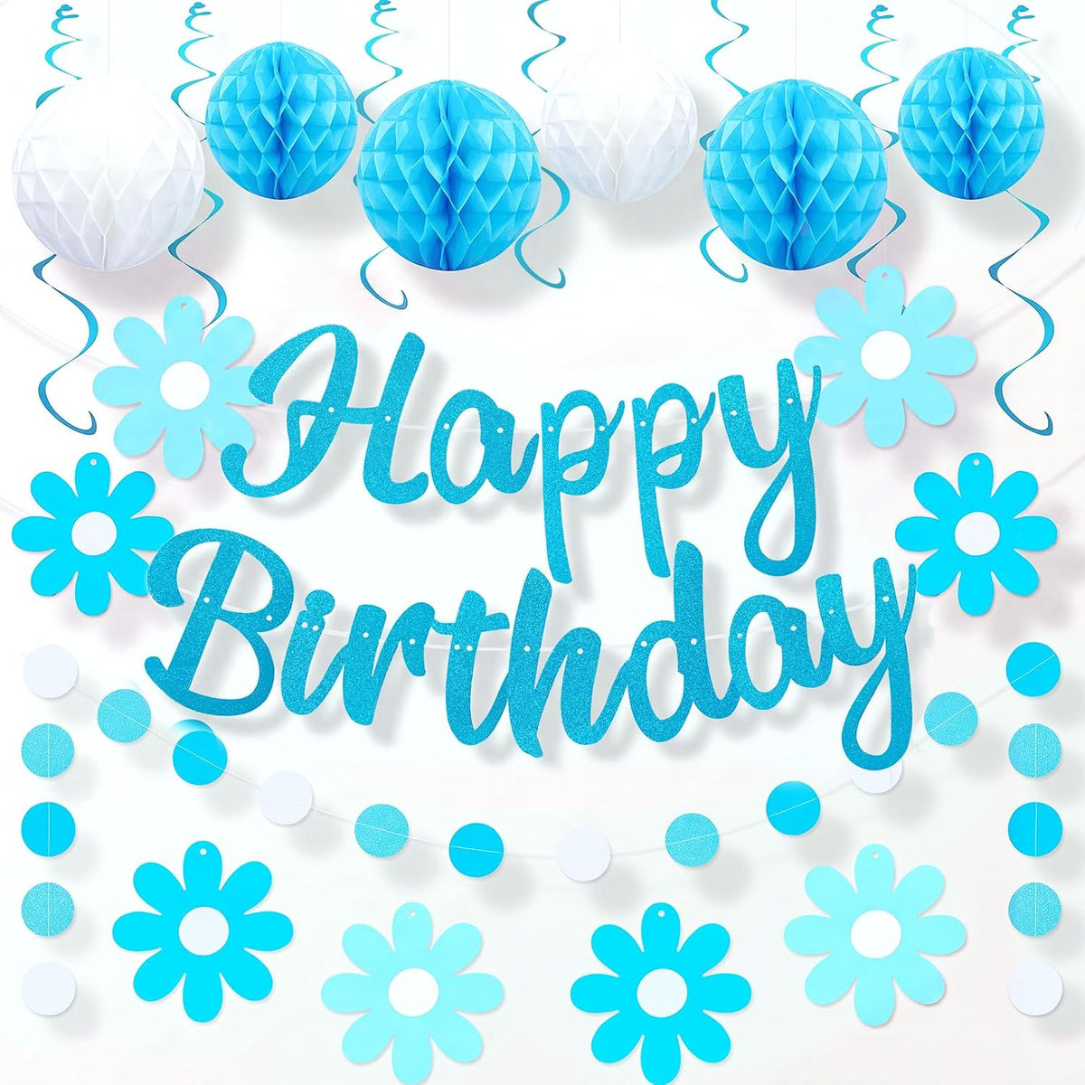 YEOCU Birthday Decorations - Blue&while / Flower