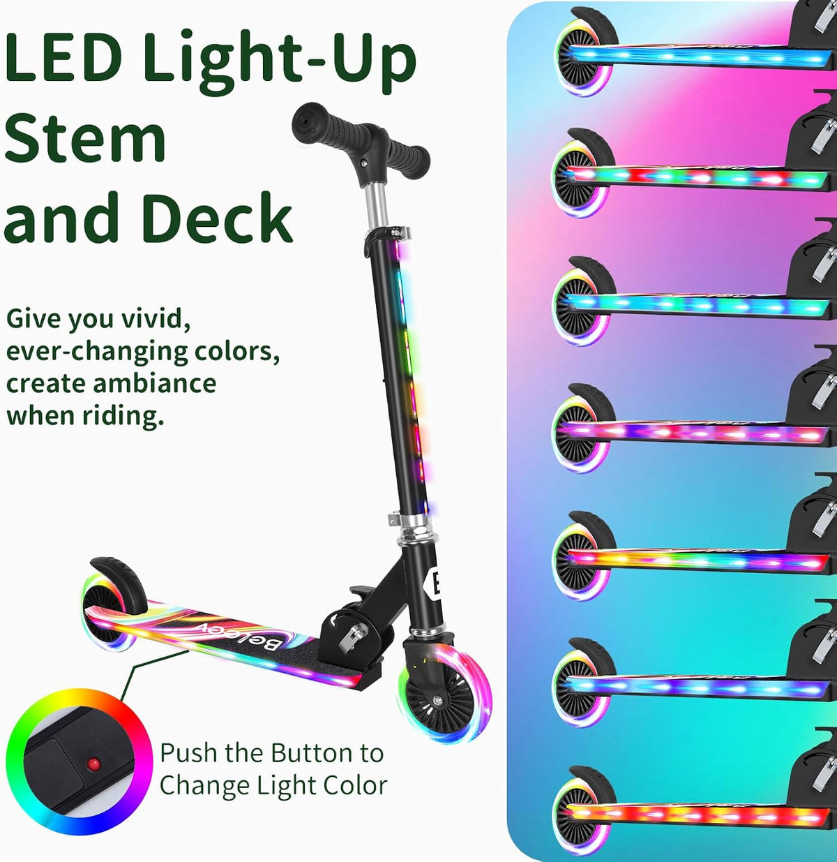 BELEEV V2 Scooters for kids Light-Up Wheels & Stem & Deck - Black Rainbow - image 2