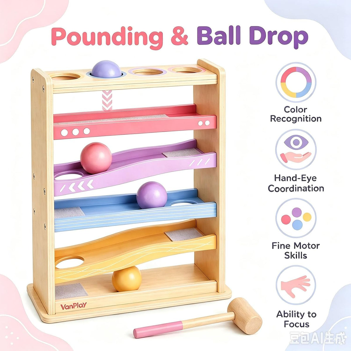 Vanplay Montessori Ball Drop Toys for 1 2 Year Old Boy Girls Birthday - Pink - image 2