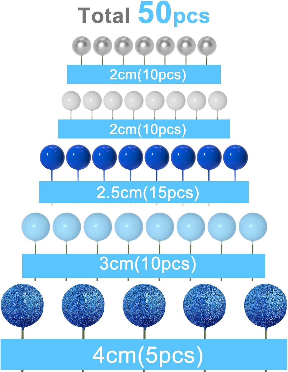 ASTARON 50 Pcs Ball Cake Topper Sticks Mini Balloons for Cake - Blue Series - image 2