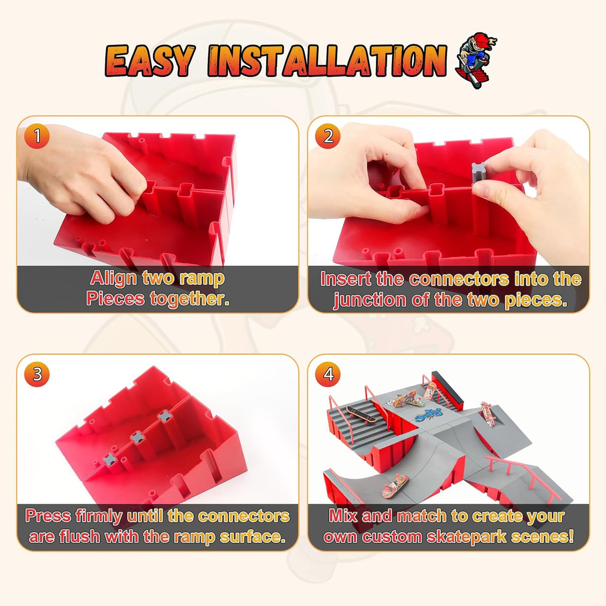 CS COSDDI 14in1 Finger Skateboard Park Set for Kids 8 Skateboards - Red - image 4
