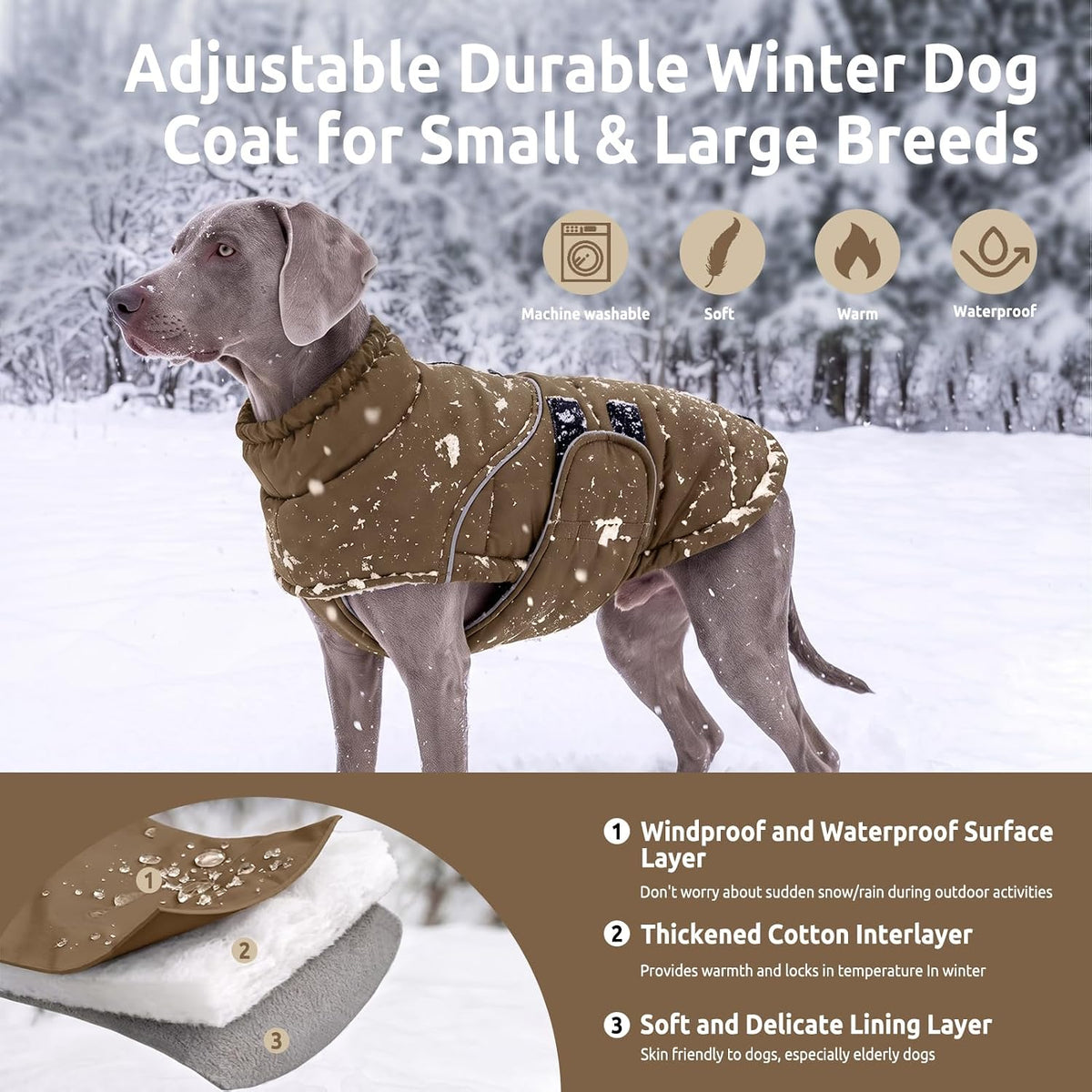 Dog Winter Jacket, Dog Windproof Reflective Jacket for Golden Retriever – Essentials for Dogs - Brown / Medium - image 2