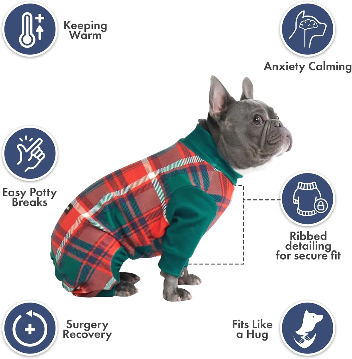 Spark Paws Dog Pajamas - Stretch Onesie Recovery Full Leg Surgery Suit PJS – Essentials for Dogs - Green and Red Plaid / 3XL - image 3