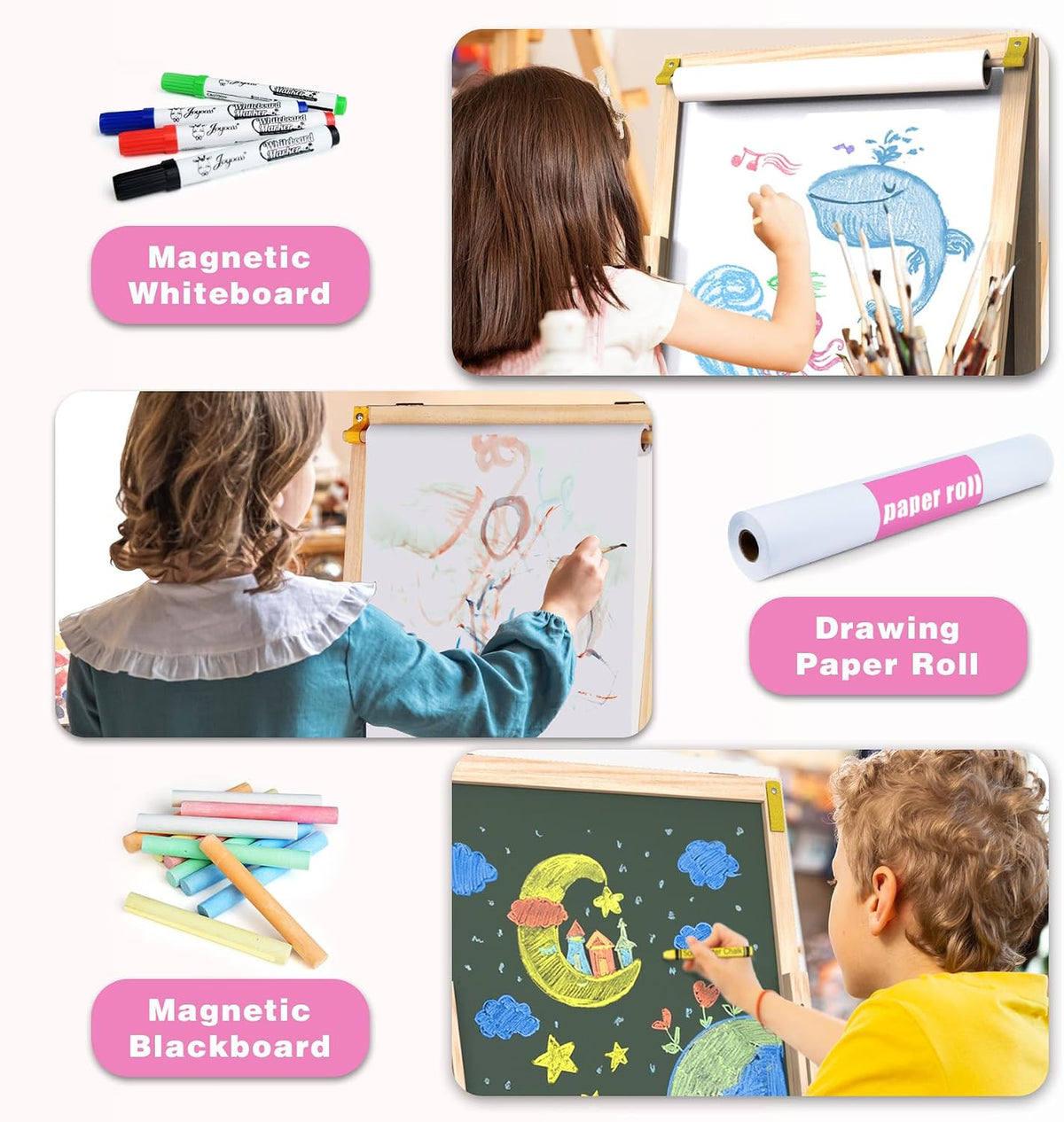 Joyooss Art Easel for Kids Easel for Toddler with Paper roll – Fun for Kids & Family - Foldable Pink - image 4