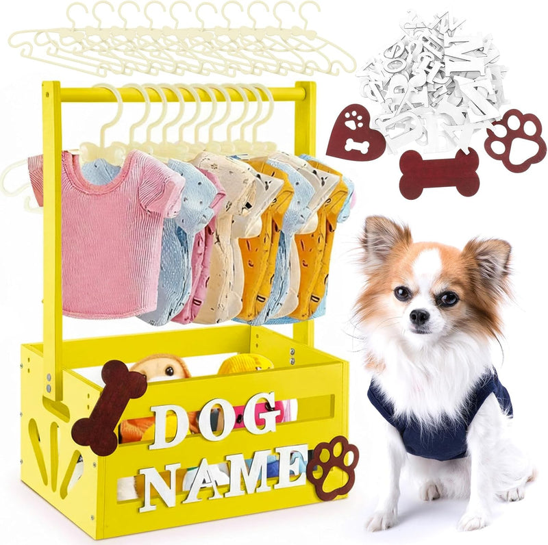 Wooden Dog Closet, Pet Wardrobe with Hanging Rod for Small Dog - Yellow