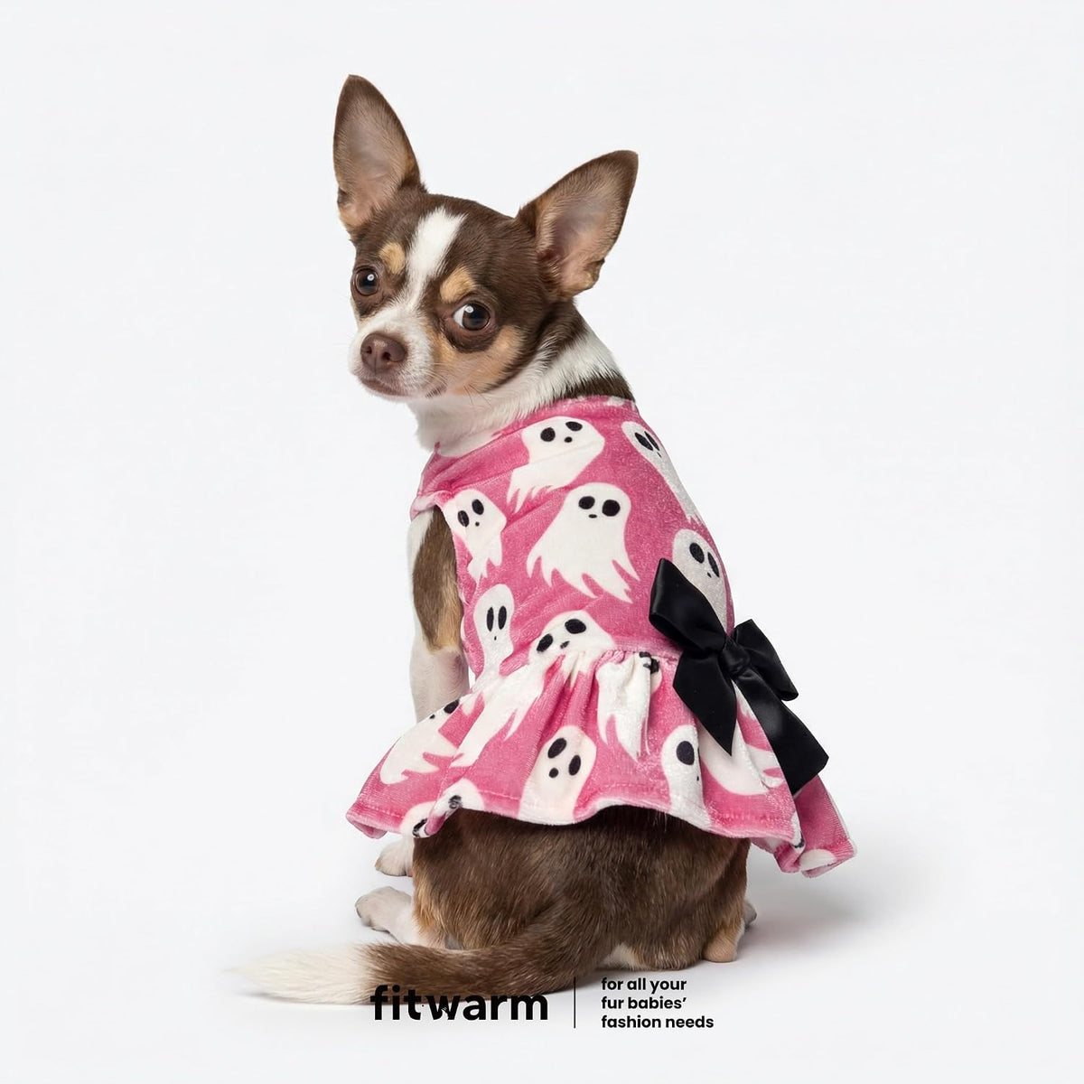 Fitwarm Halloween ghost dog dress in velvet with ghost prints and ribbon bow, size small - view 2