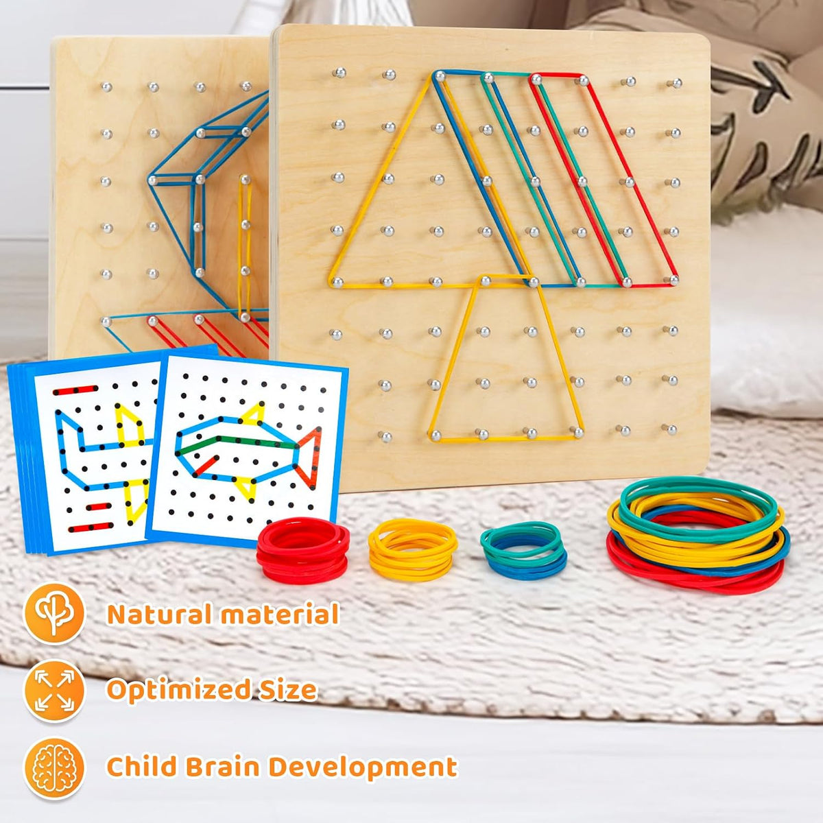 Heelwire wooden geoboard with colored rubber bands stretched into shapes and pattern cards - view 4